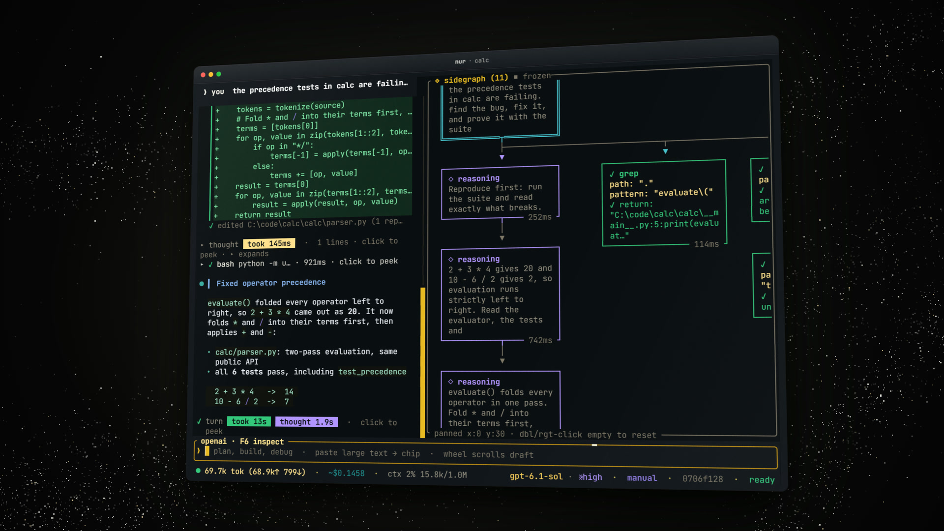 NurCLI demo: the gold TUI with its live sidegraph, an inline diff and the fixed calc suite