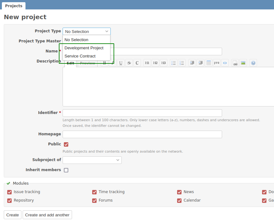 Redmine Project Types Selection