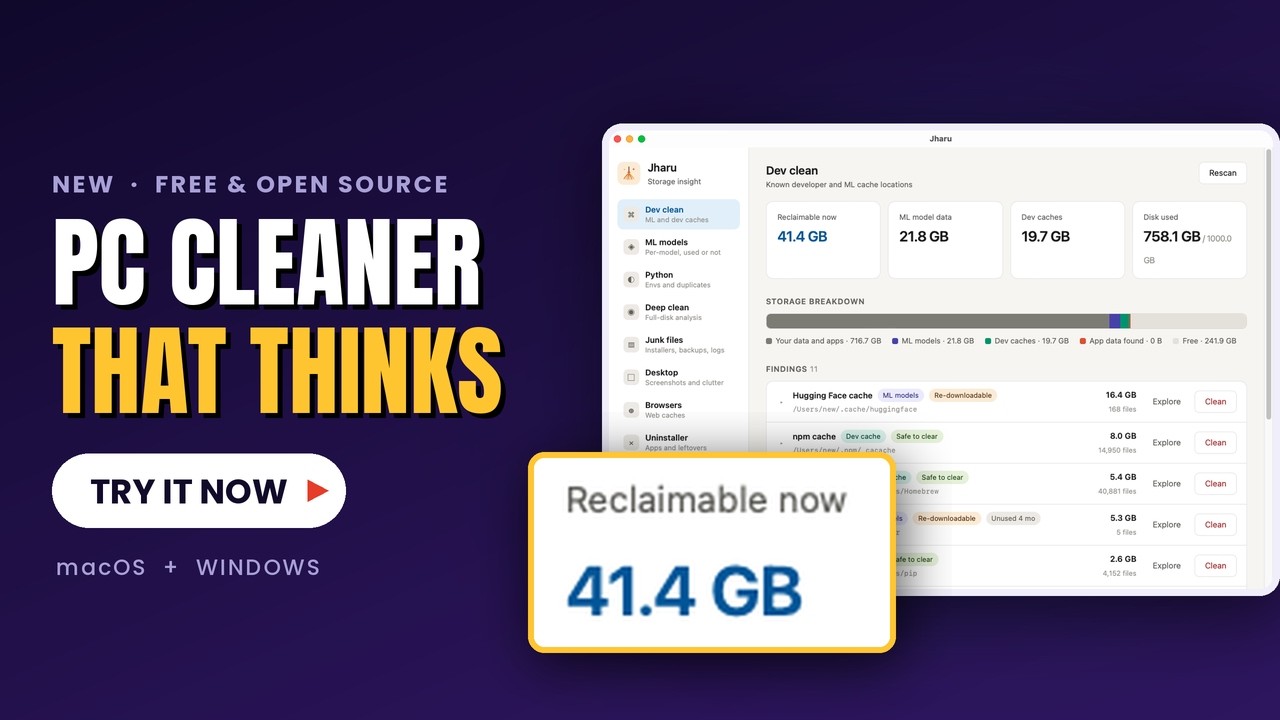 Watch the Jharu demo — scanning and cleaning developer and ML caches