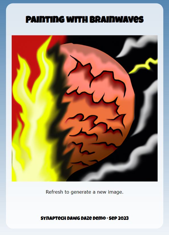 screenshot of Painting with Brainwaves app, an image of a cartoon-style fire and lightning, on a blue and white background