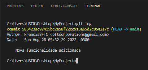 Comprovando a mensagem pelo git log