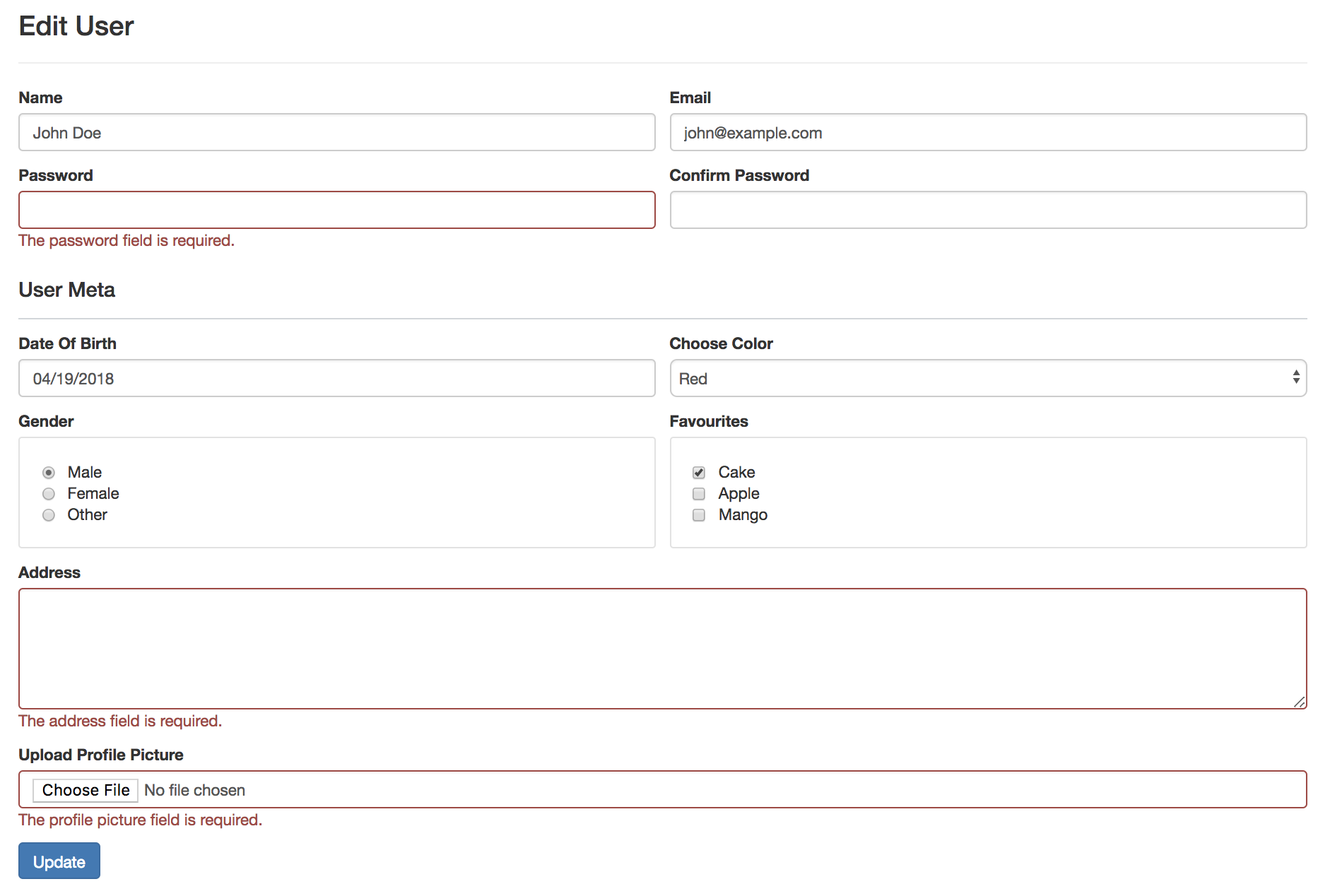 Sample edit form with validation