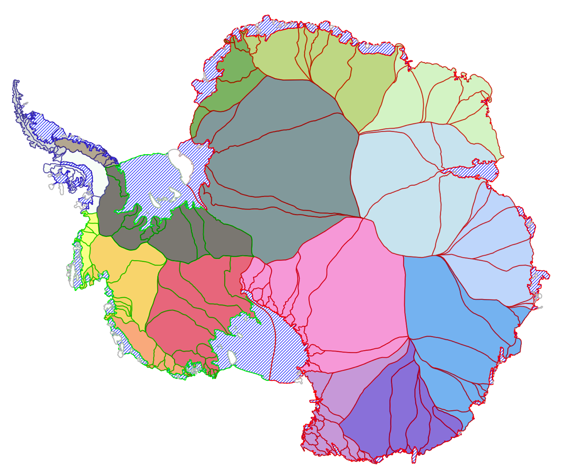 Antarctic Boundaries v02.shp overview. The shapefile includes the coastline, the grounding line, an ice shelf mask (striped), as well as IMBIE and refined basins. Also provided is a regional separation in East Antarctica (red lines), West Antarctica (green lines), and the Antarctic Peninsula (dark blue lines)