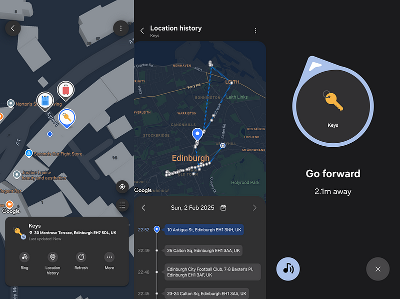 Screenshots of uTag showing tracking a Tag, location history and finding a Tag