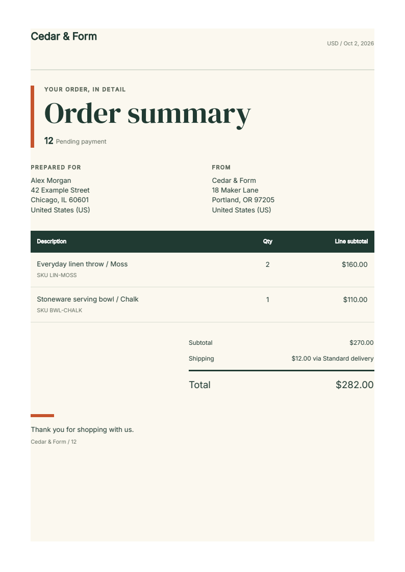 A fictional Cedar and Form order summary generated with Fullbleed