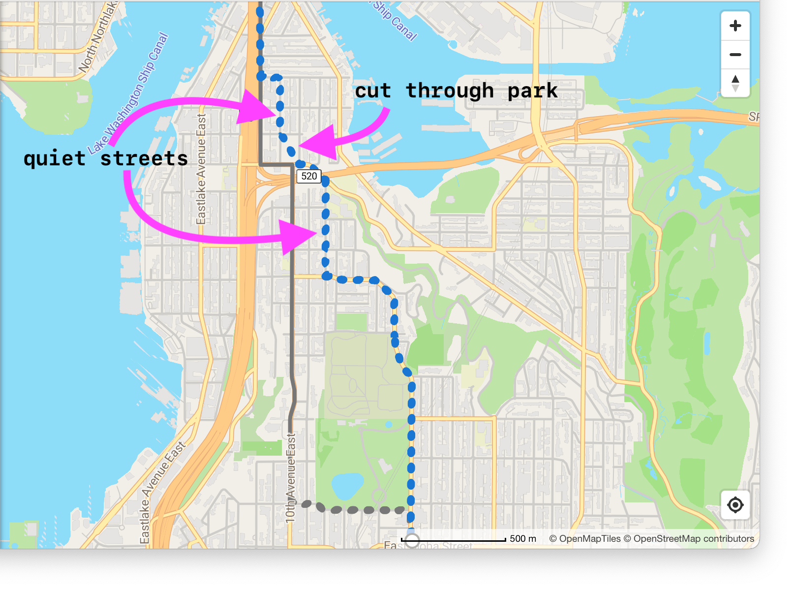 bike route drawn on a map highlight quiet streets and a park cut through