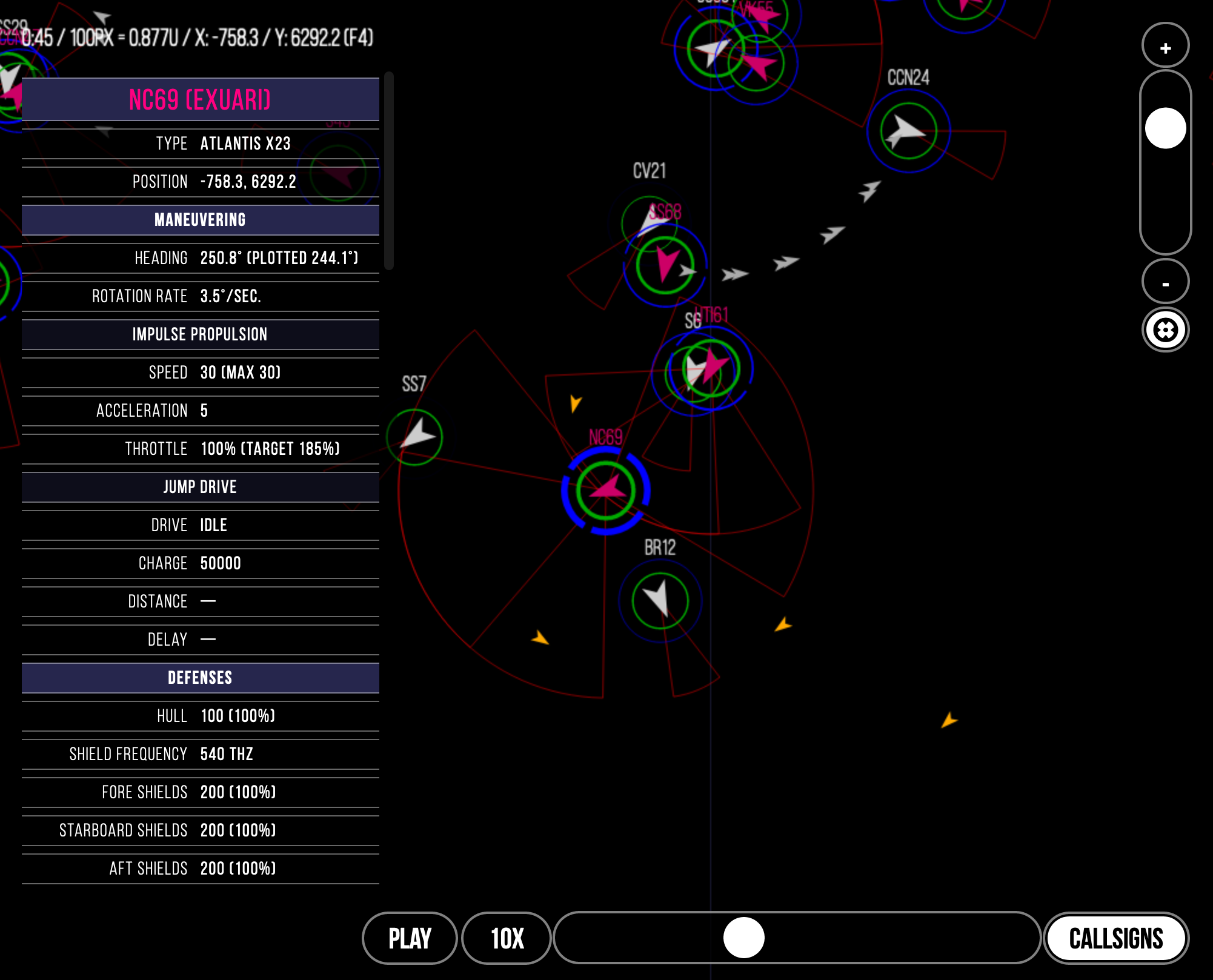 A screenshot of the EmptyEpsilon game state log viewer, showing a battle between Exuari and Human Navy ships.