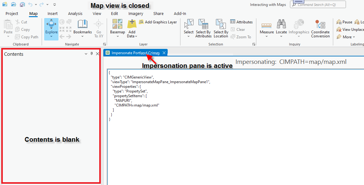 Impersonation pane with mapview closed