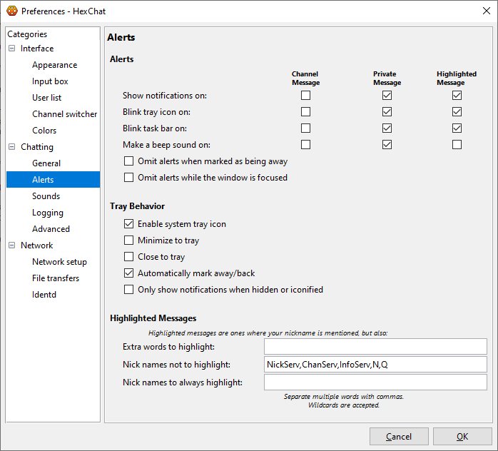 HexChat preferences for Chatting -> Alerts