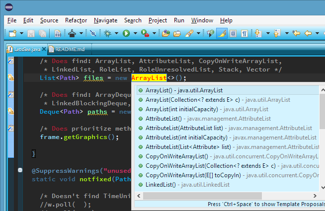 Screenshot showing all List subclasses suggested in my custom color-theme Eclipse