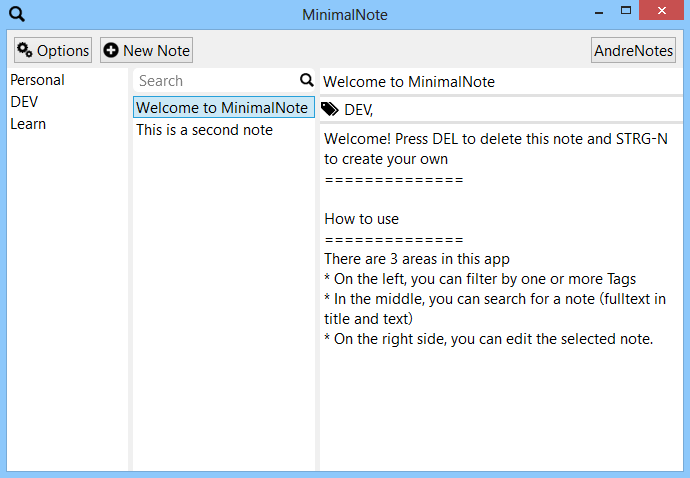 Screenshot of early version of MinimalNote