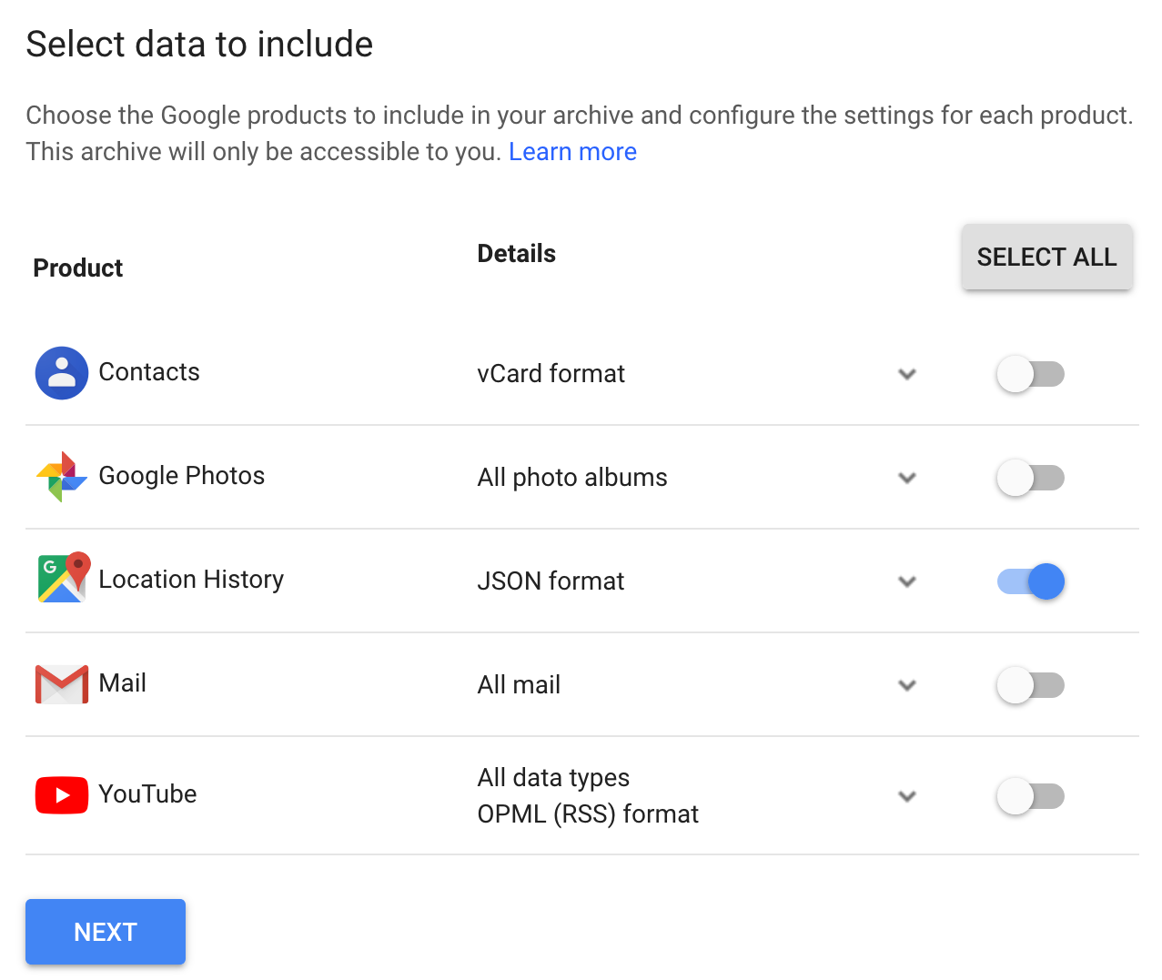 Screenshot of Google Takeout