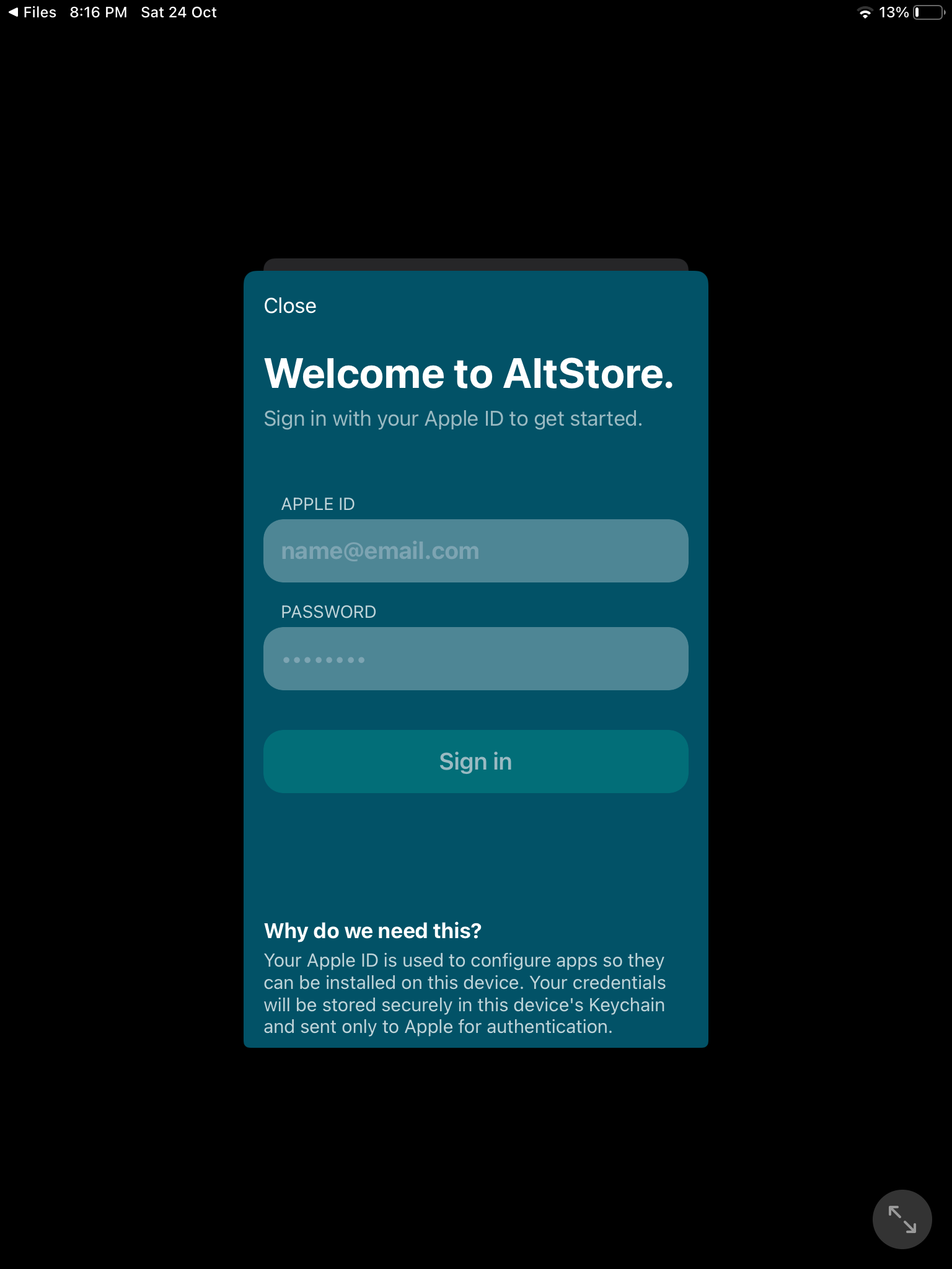 AltStore Apple ID Page on App