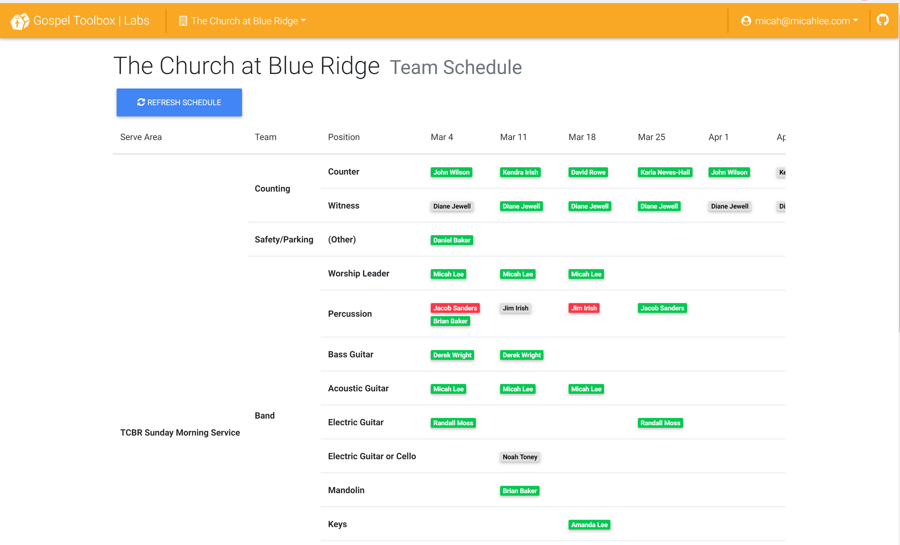 Screenshot of team schedule dashboard