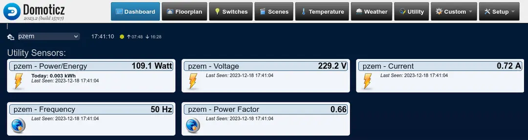 Screenshot of devices created by domoticz-pzem-016 Domoticz plugin