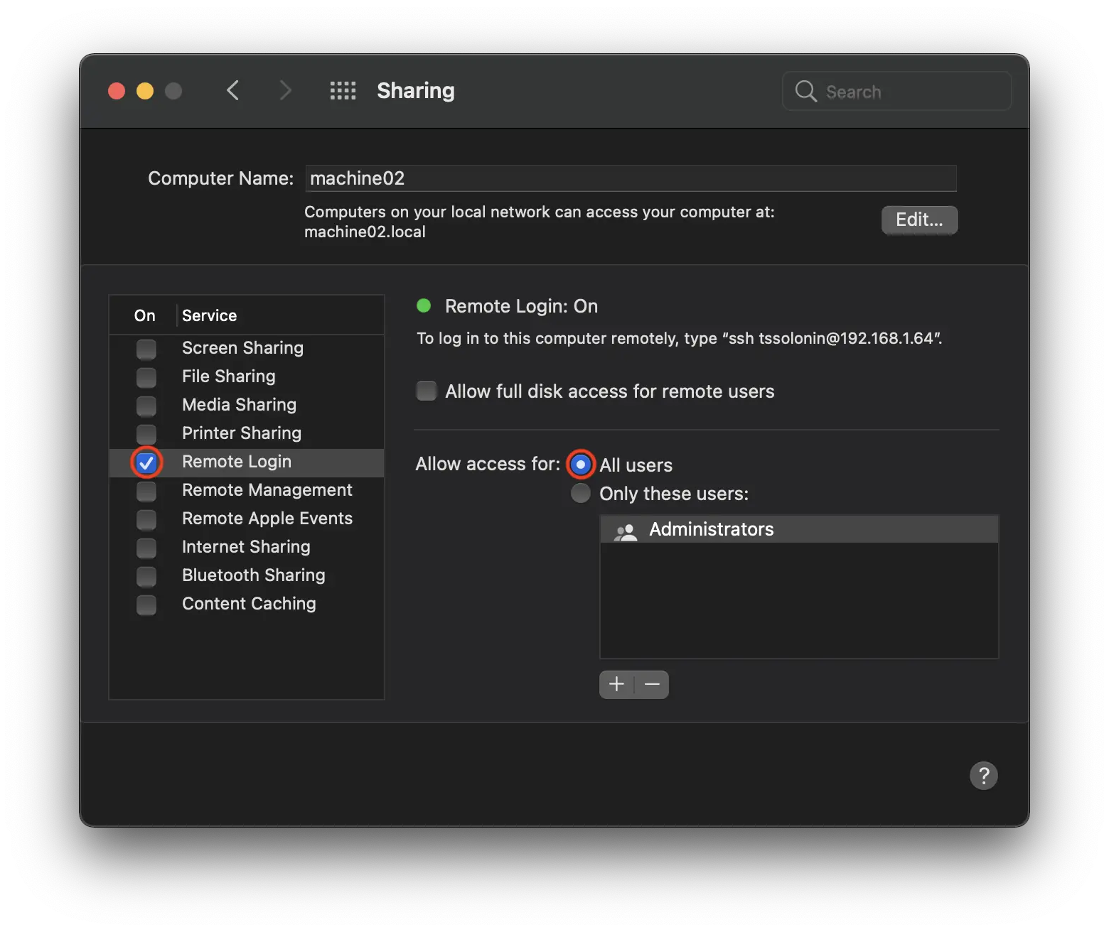 Remote Login SSH Settings