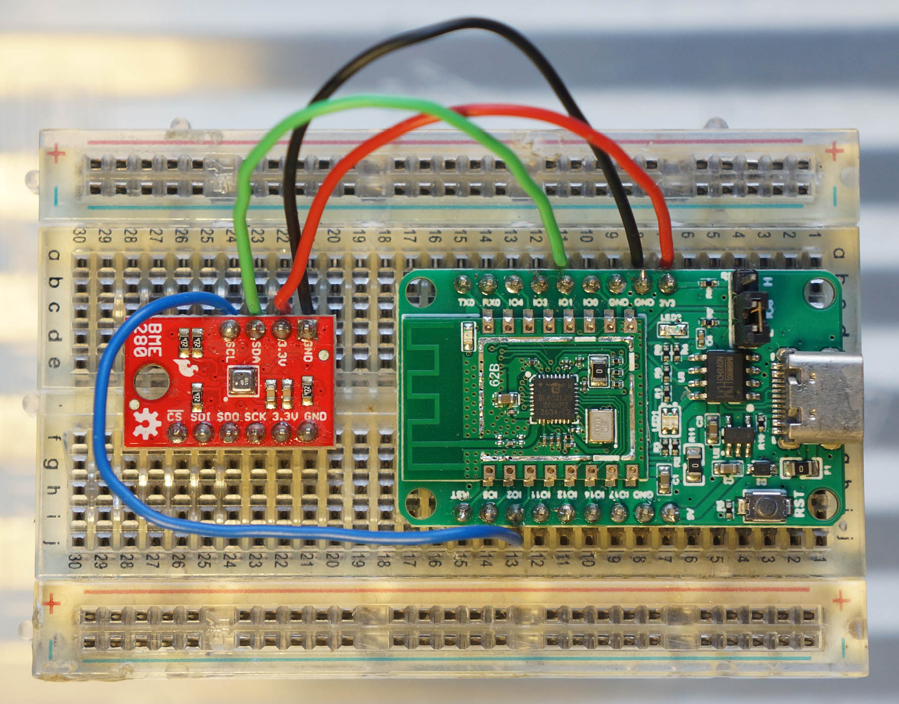 Pine64 PineCone BL602 RISC-V Board connected to Bosch BME280 Sensor