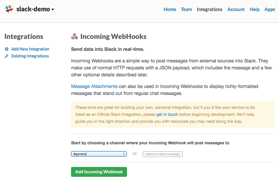 Slack webhook setup