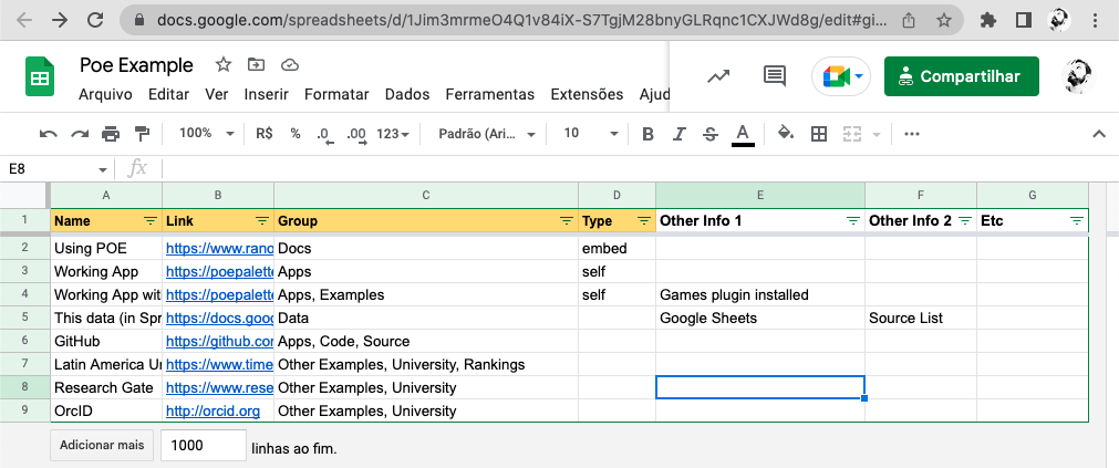 Google Sheet used in the default data