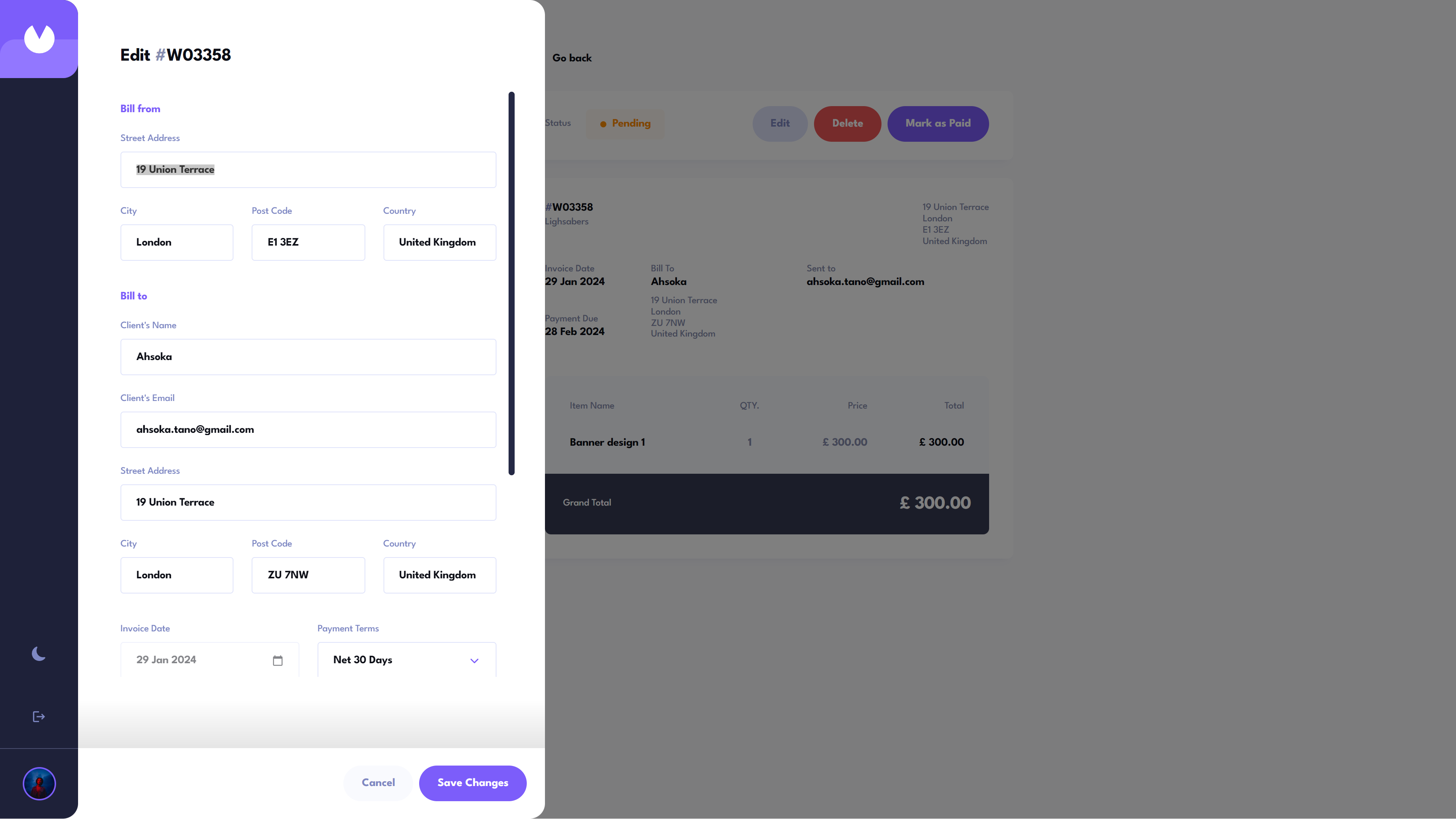 edit invoice form modal light theme