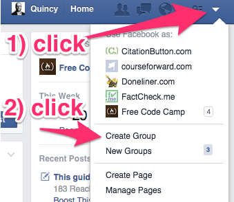 A screenshot of Facebook showing the drop down menu that appears when you click the down arrow, with an arrow pointing to the "Create Group" option