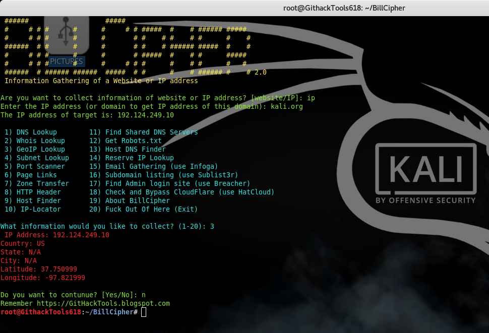 Run BillCipher in Kali Linux