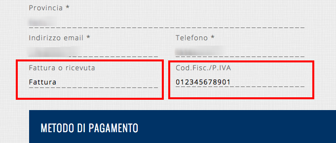 Nella pagina del checkout aggiunge la possibilità di scegliere fra Fattura o Ricevuta e di inserire un Codice Fiscale o Partita IVA