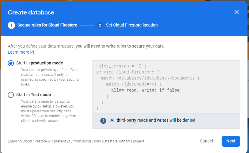 Create Cloud Firestore