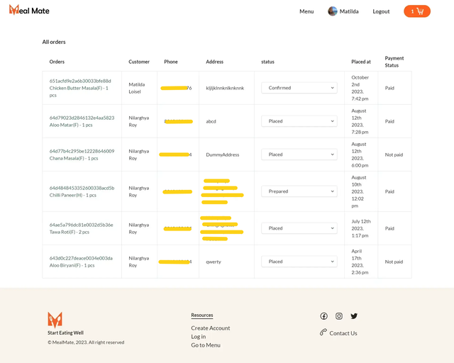 Admin can keep track of all Customer's order