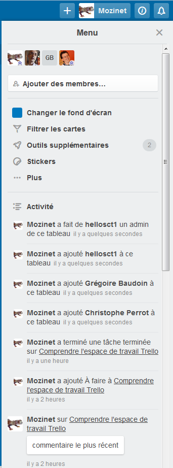 Liste des activités dans le menu d’un tableau de Trello