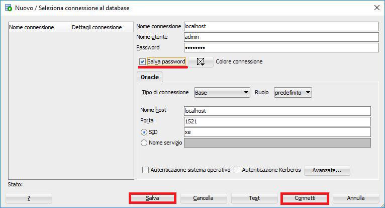 Creazione della connessione di SQL Developer