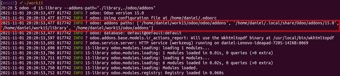 图2.2：包含所使用插件路径的 Odoo启动序列日志消息