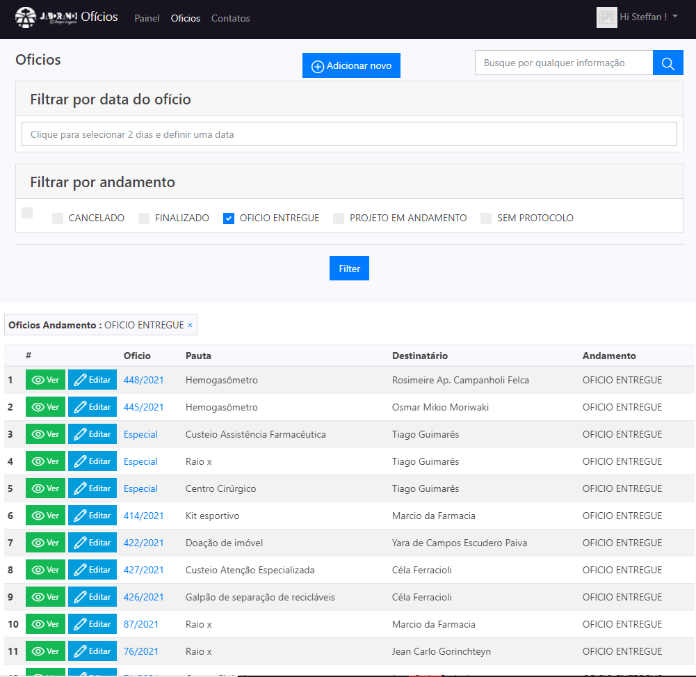 Lista de ofícios cadastrados e filtros