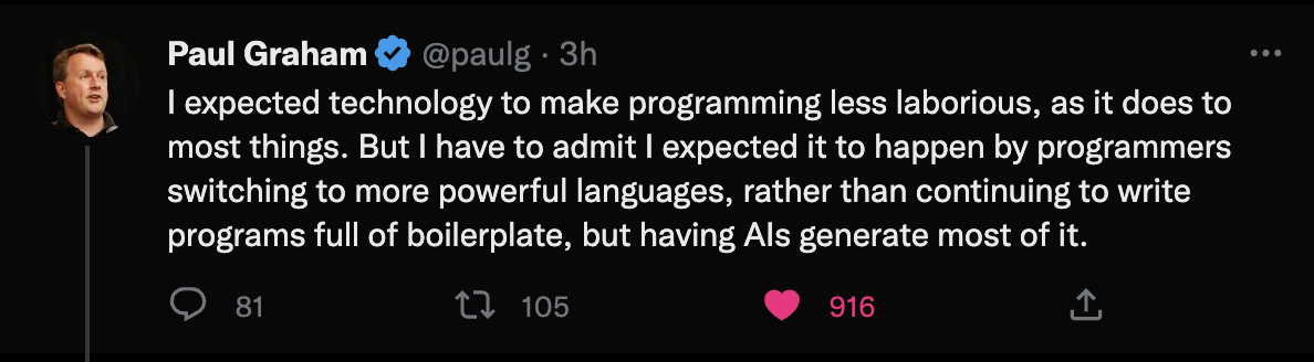 I expected technology to make programming less laborious, as it does to most things. But I have to admit I expected it to happen by programmers switching to more powerful languages, rather than continuing to write programs full of boilerplate, but having AIs generate most of it.