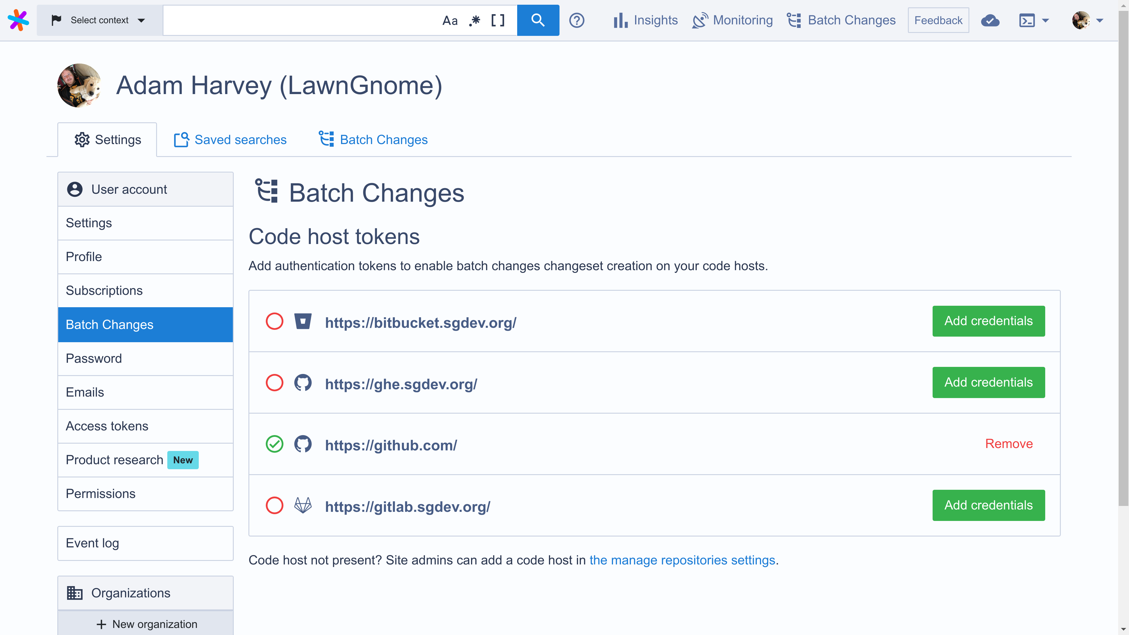 A list of code hosts, with GitHub indicating that it has a token and the other hosts indicating that they do not