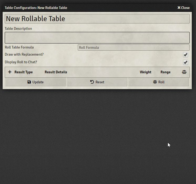 Rolltable creation