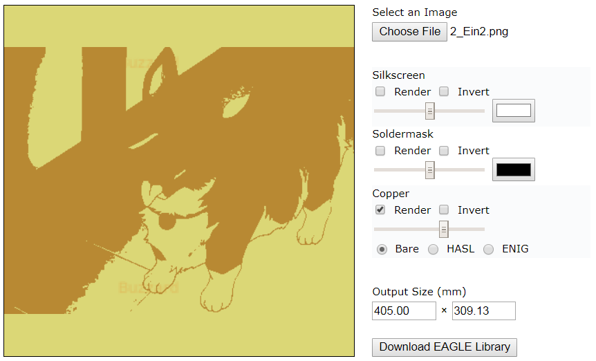 Drawing of a Pembroke Welsh Corgi processed through a threshold function and presented in an orange hue