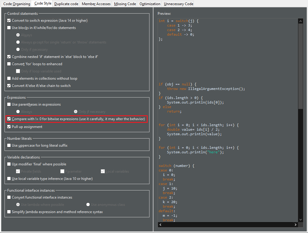 bitwise expressions preferences