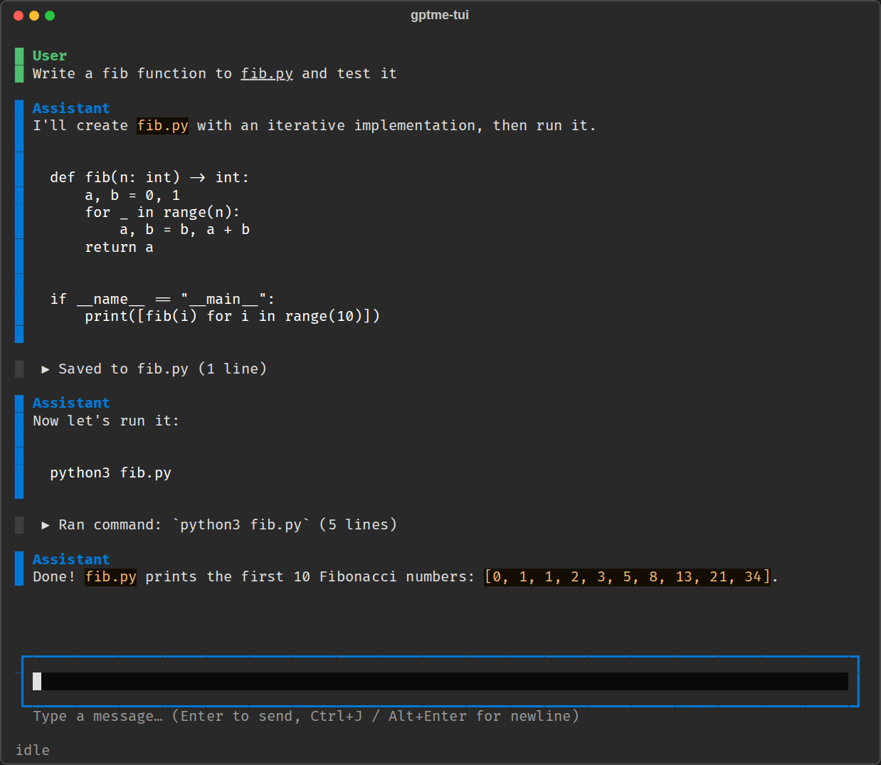 gptme-tui showing a conversation where gptme writes and runs fib.py