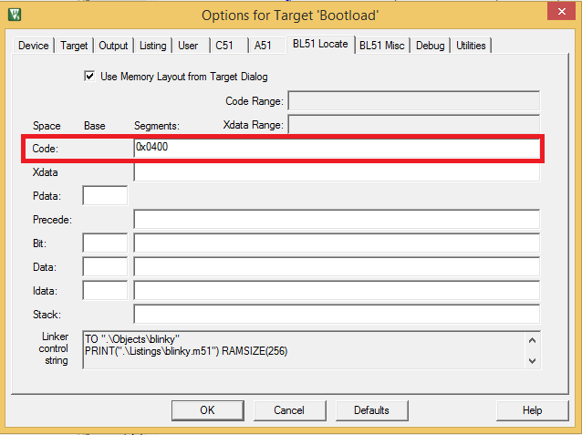 Keil BL51 Locate tab options