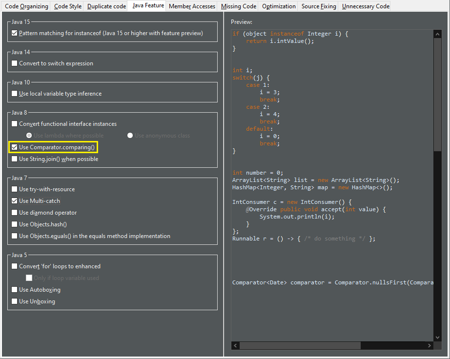 comparator comparing preferences