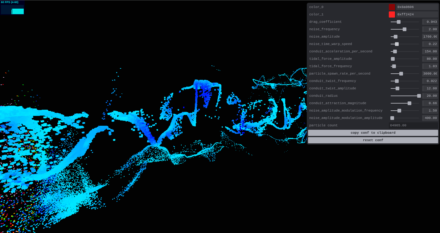 A screenshot of the particle conduit sketch.  Strings of colored particles stream through space.  A control panel configuring the simulation params exists on the right.