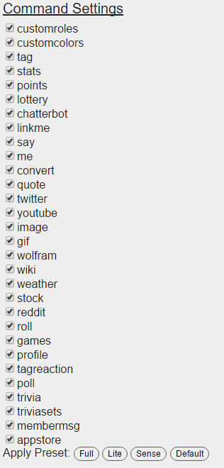 command settings list