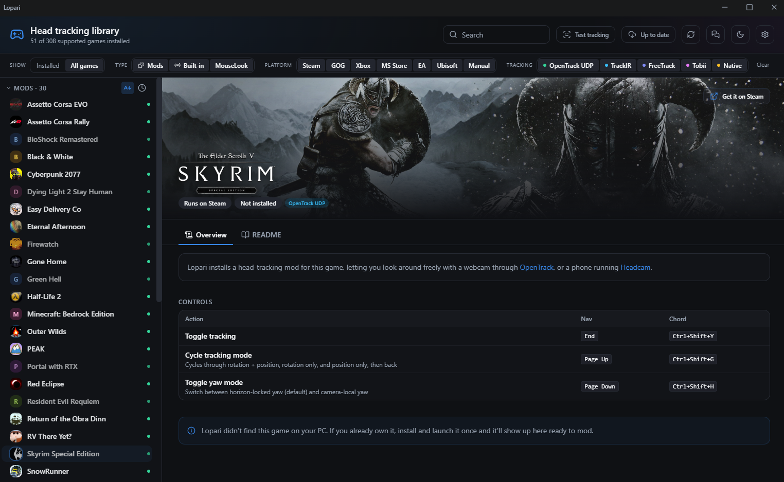 The Lopari launcher: a sidebar of head tracking games with Skyrim Special Edition selected, showing its head tracking controls and keyboard shortcuts.