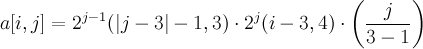 a[i,j] = 2^(j-1)(|j – 3|-1,3)(2^j)(i – 3,4)(j/(3–1))