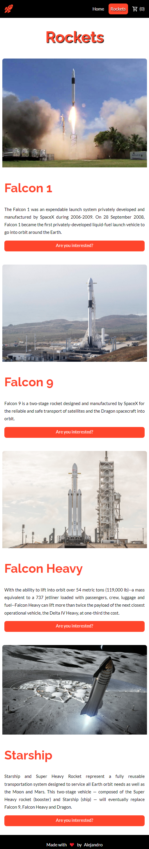 Rockets page - Screenshot