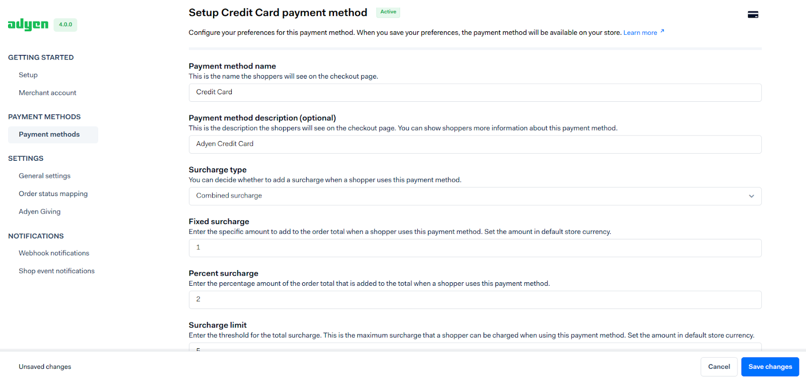 screenshot of the payment method configuration page