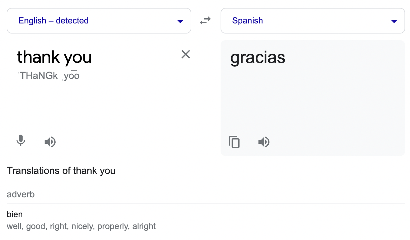 "thank you" in English = "gracias" in Spanish - Google Search