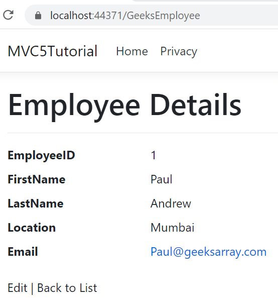 asp.net core mvc application output of sample project